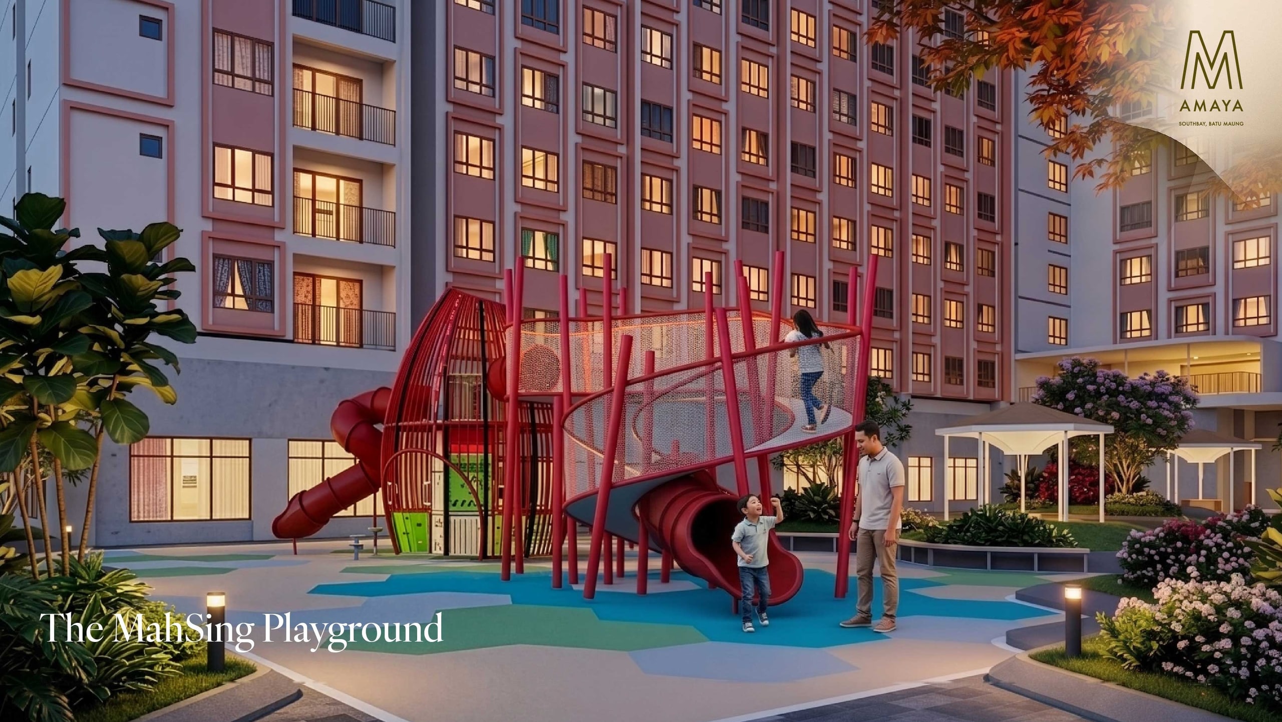 Sculptural red climbing playground with soft surfacing and parent seating alongside