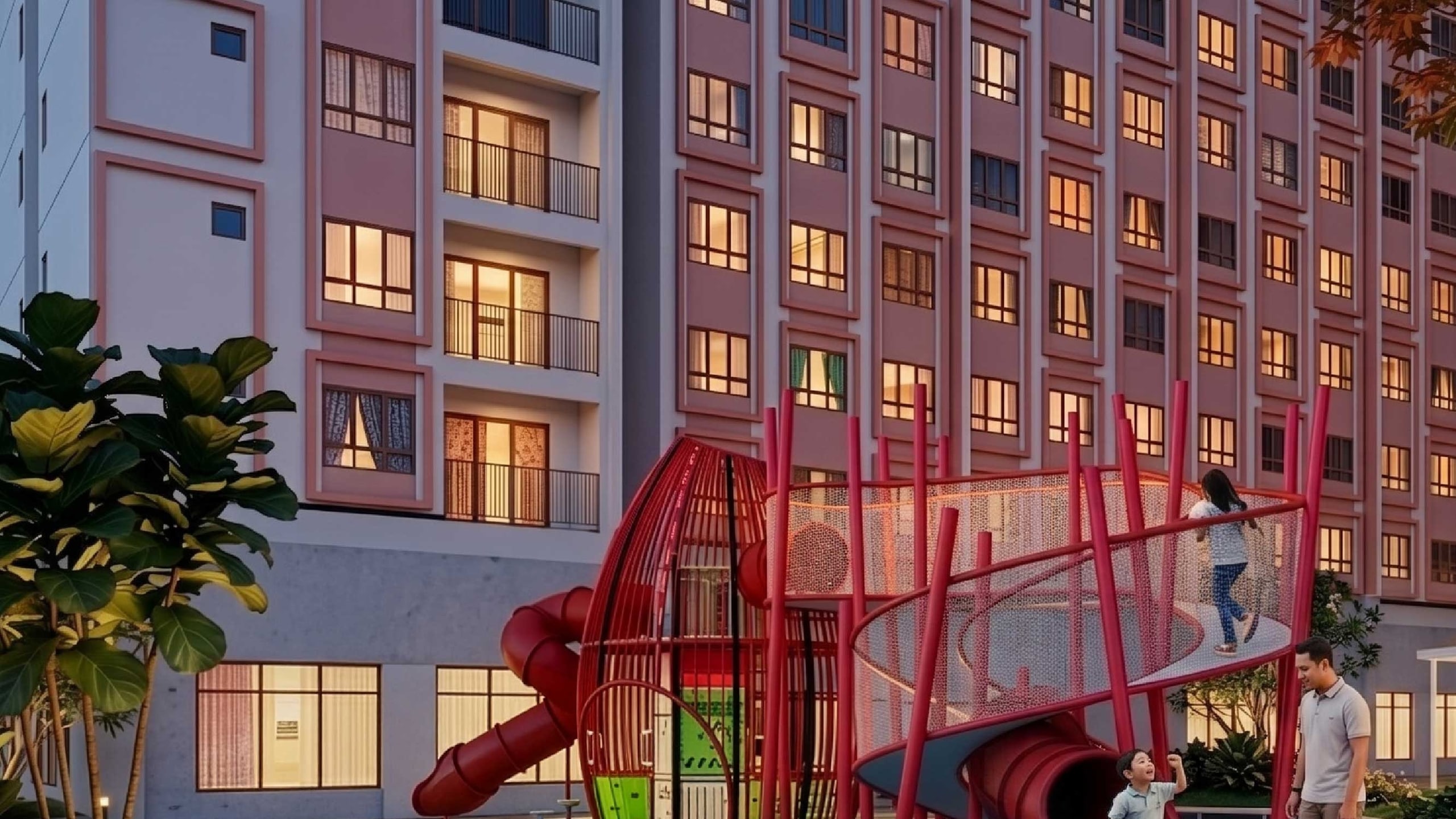Sculptural red climbing playground with soft surfacing and parent seating alongside