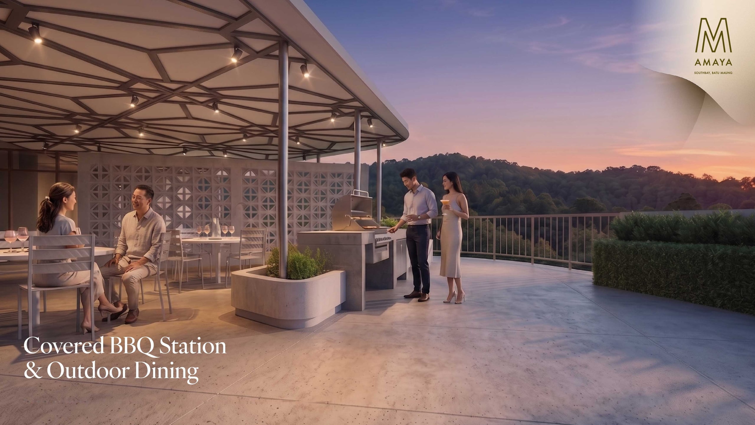Covered barbecue station with long dining tables under a timber pergola