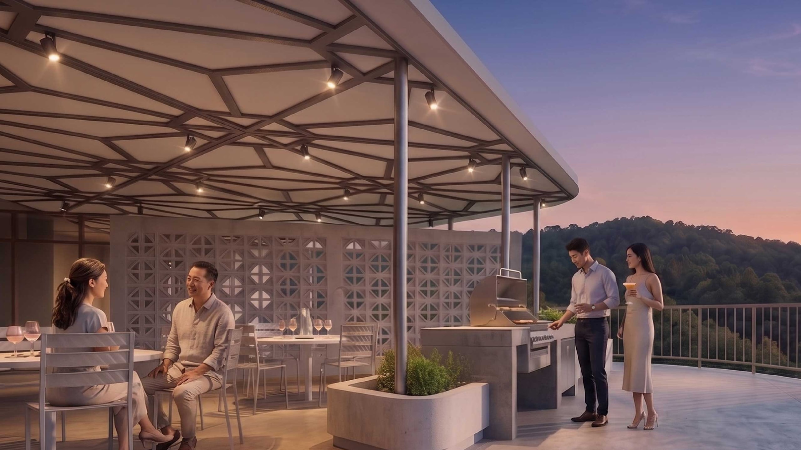 Covered barbecue station with long dining tables under a timber pergola