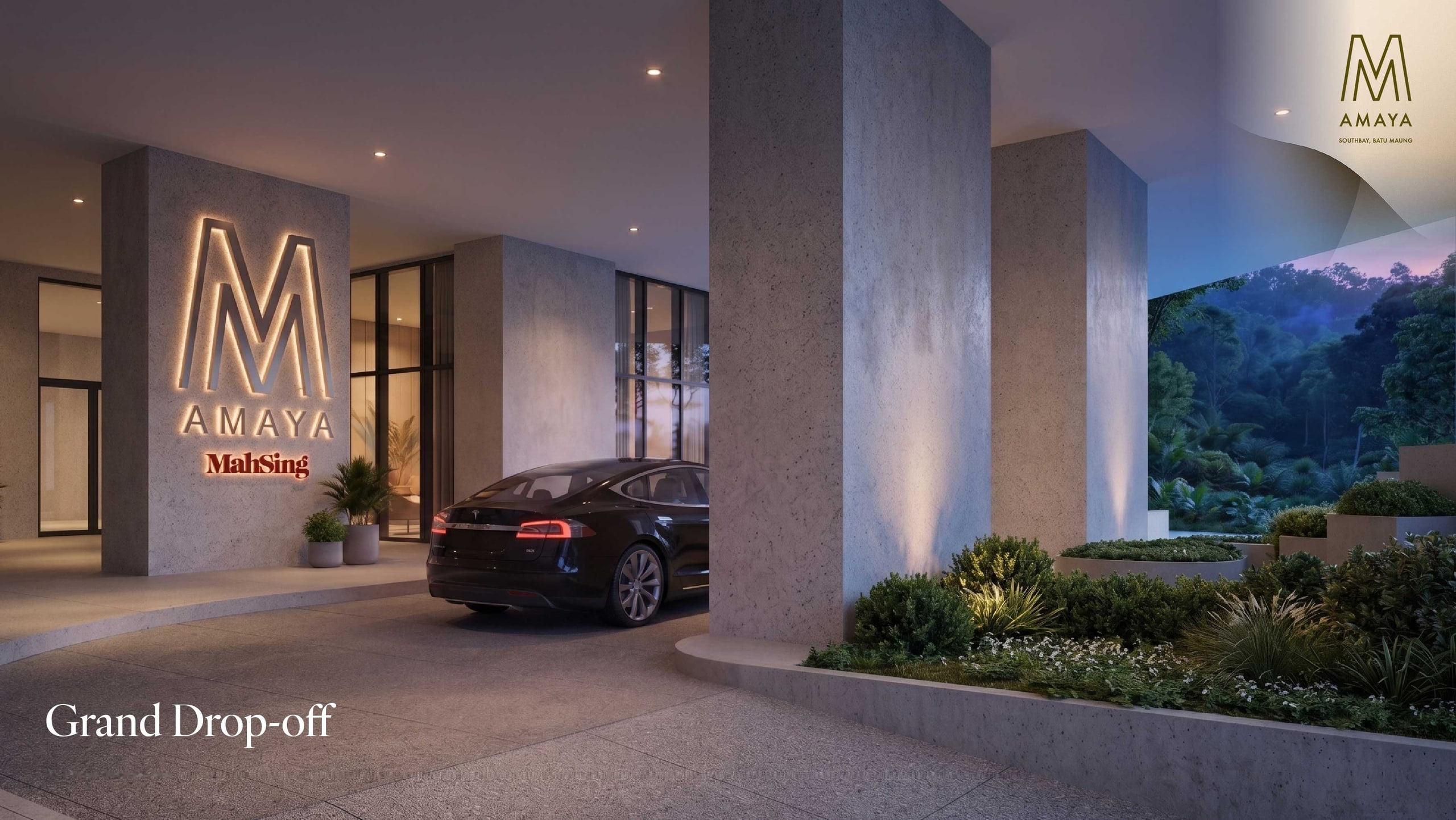 Covered grand drop-off at the tower entrance with landscaped planting on both sides