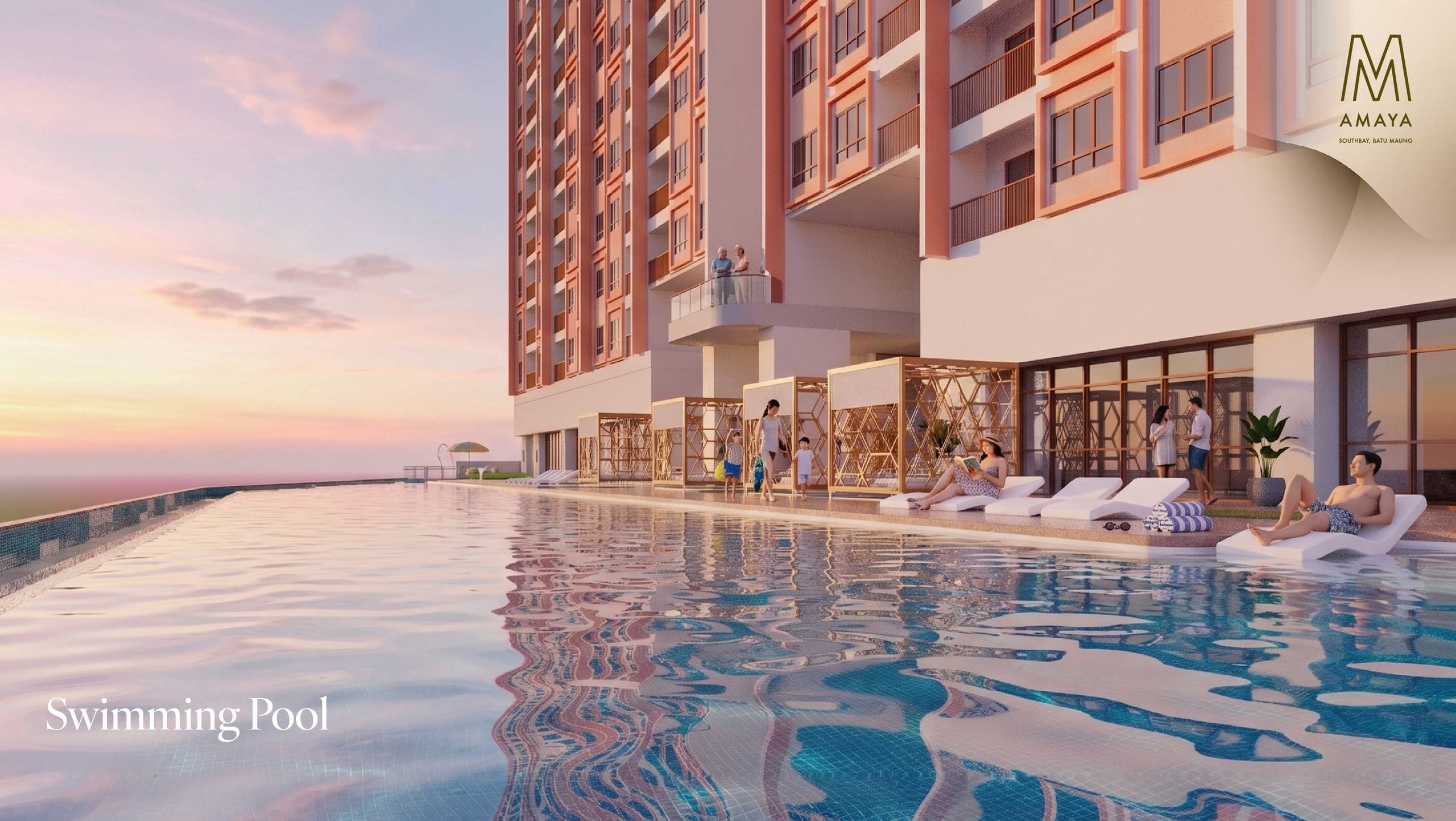Fifty-metre infinity lap pool at sunset looking out towards the water
