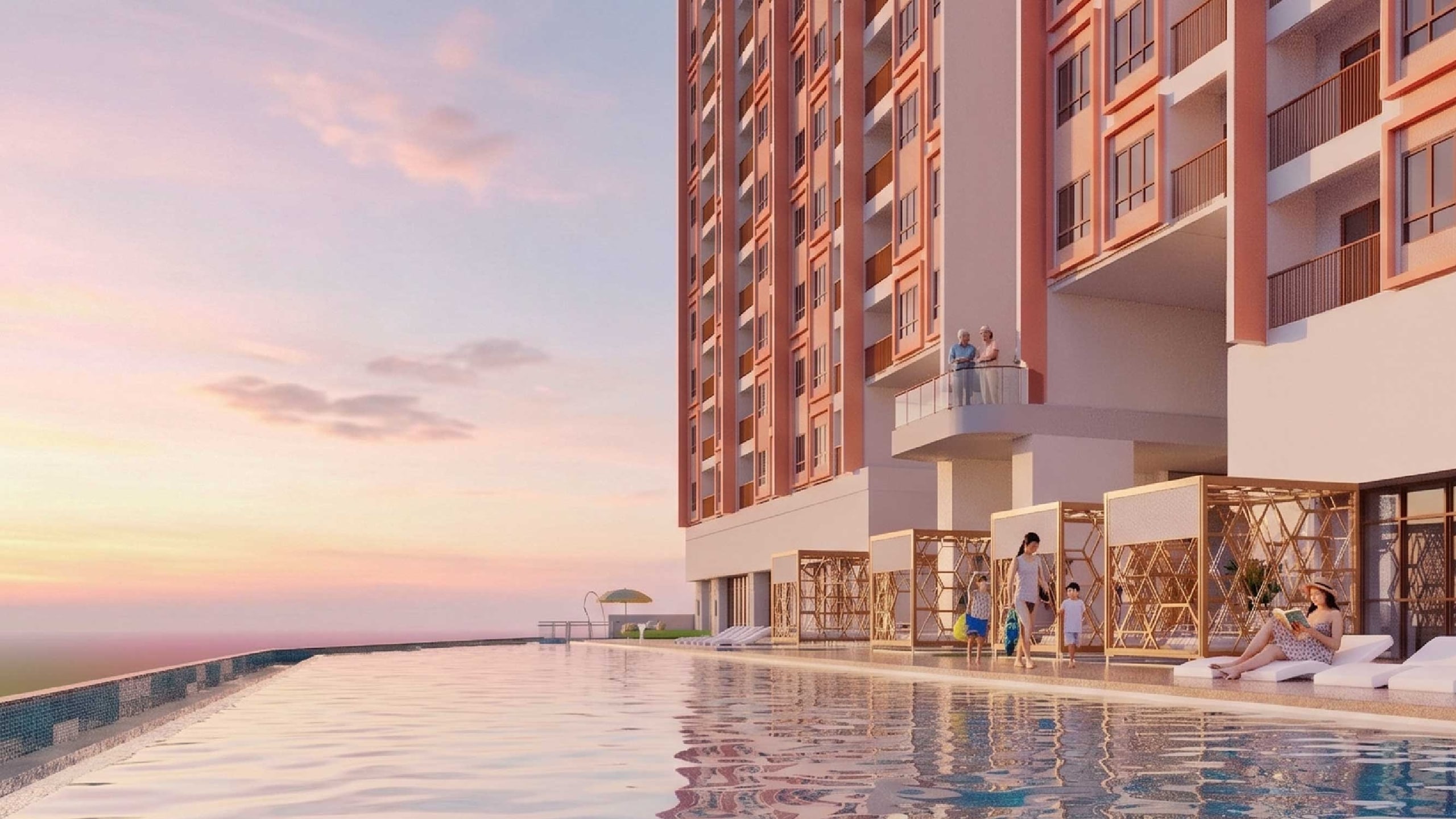 Fifty-metre infinity lap pool at sunset looking out towards the water