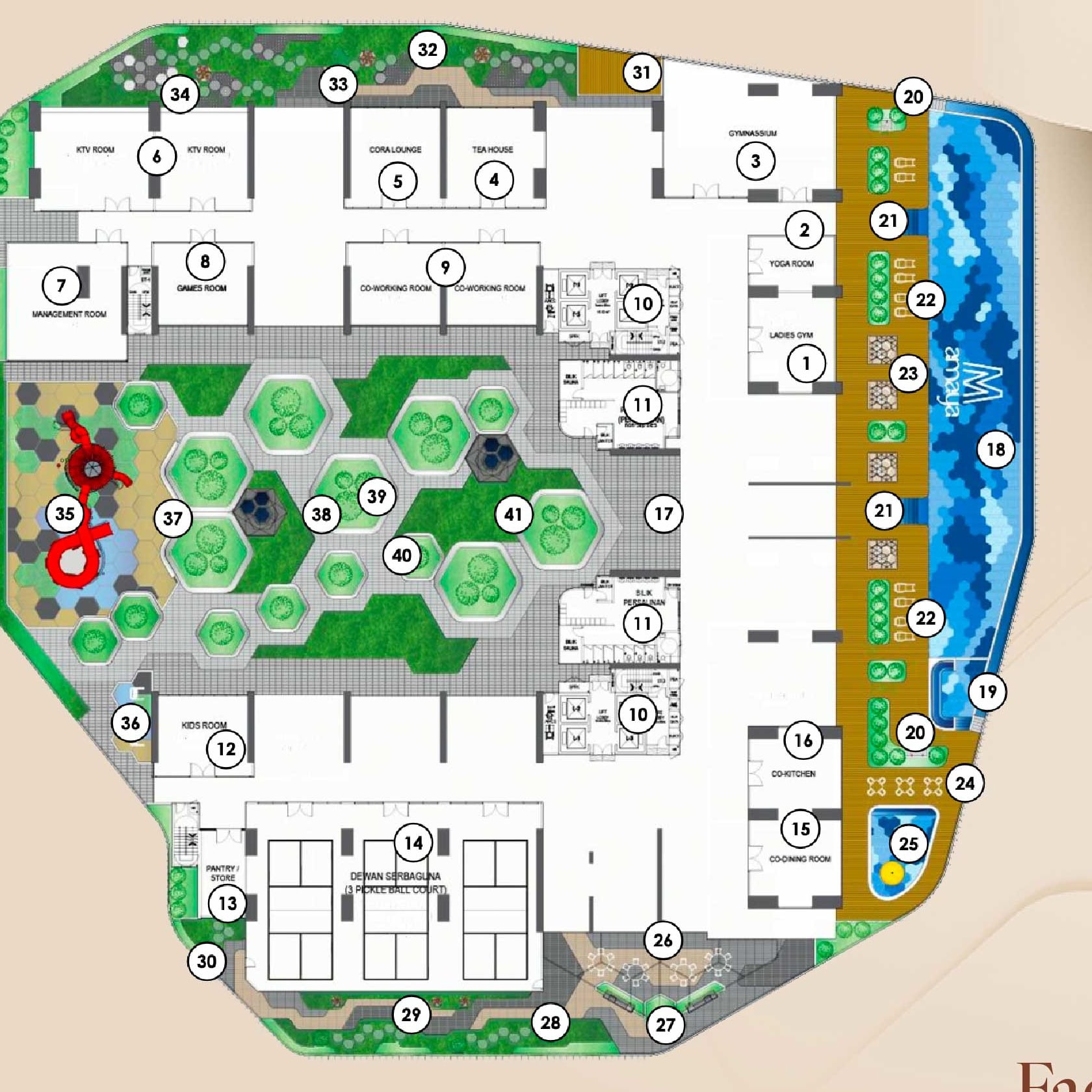 Level 8 podium site plan with all forty-one facilities numbered against the legend