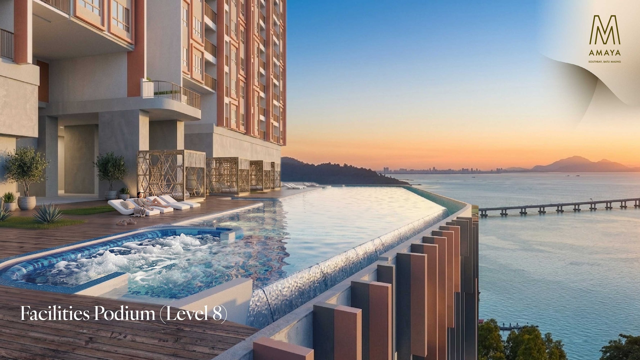 Level 8 podium deck showing the jacuzzi and the edge of the infinity pool at dusk