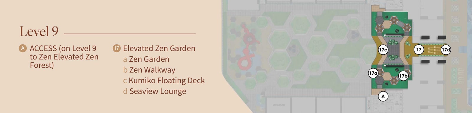 Level 9 plan showing the Elevated Zen Garden and its four named areas