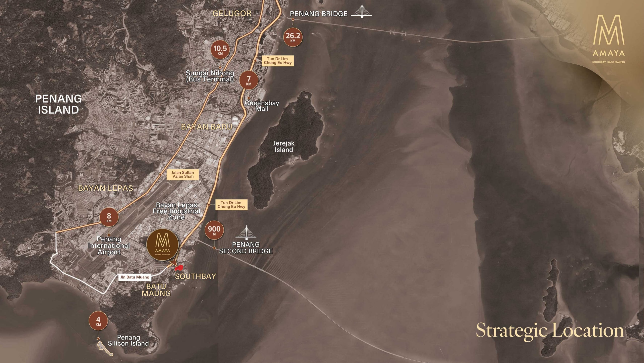 Satellite strategic-location map of south-east Penang Island showing M Amaya at Southbay, Batu Maung, with the Penang Second Bridge 900 m away, Queensbay Mall, Penang International Airport, Sungai Nibong bus terminal, the Penang Bridge and Penang Silicon Island marked with distances
