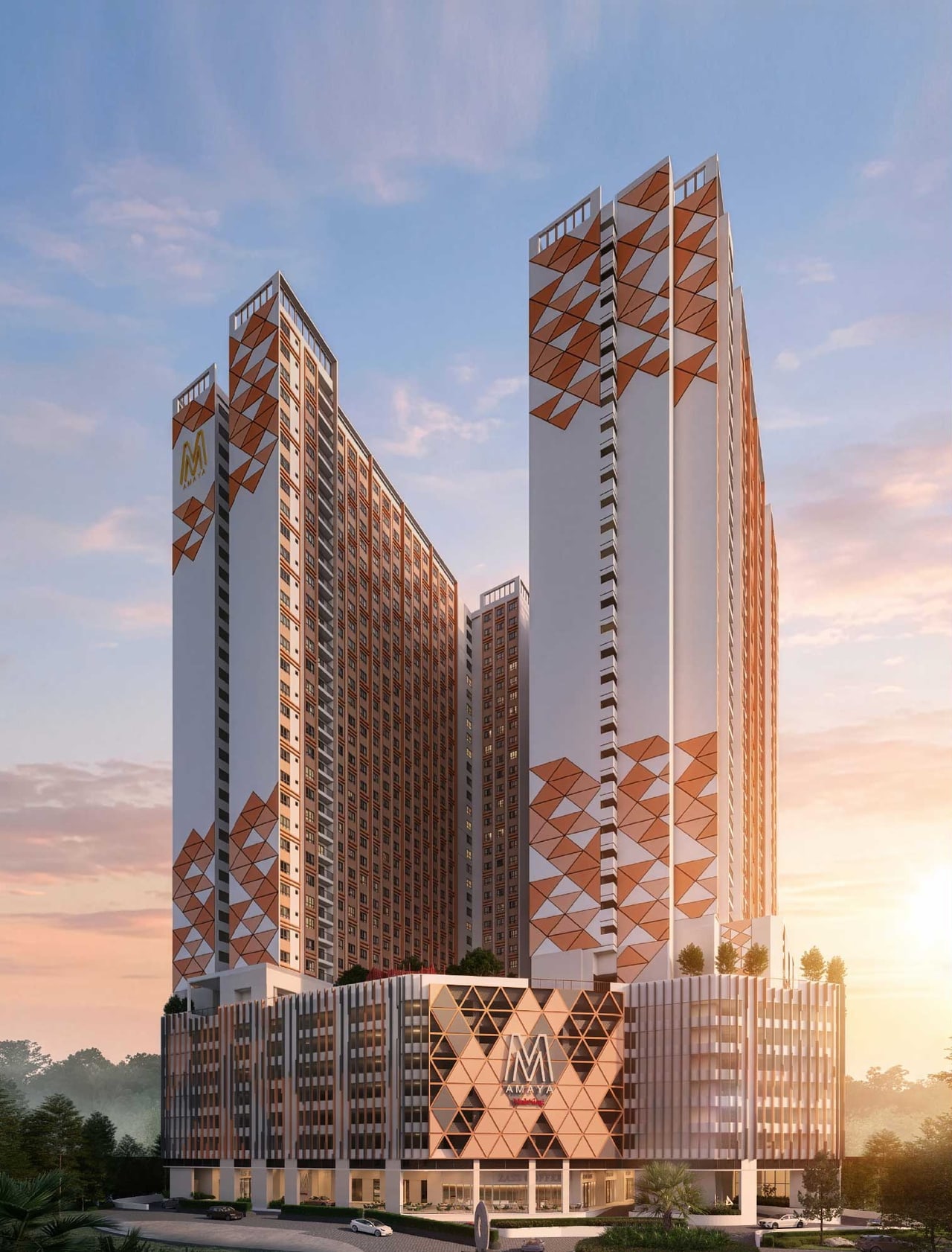 Full height of one M Amaya tower seen from ground level against an open sky