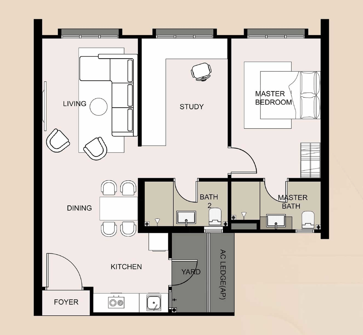 Type A layout, 721 square feet, one bedroom with an enclosed study and two bathrooms