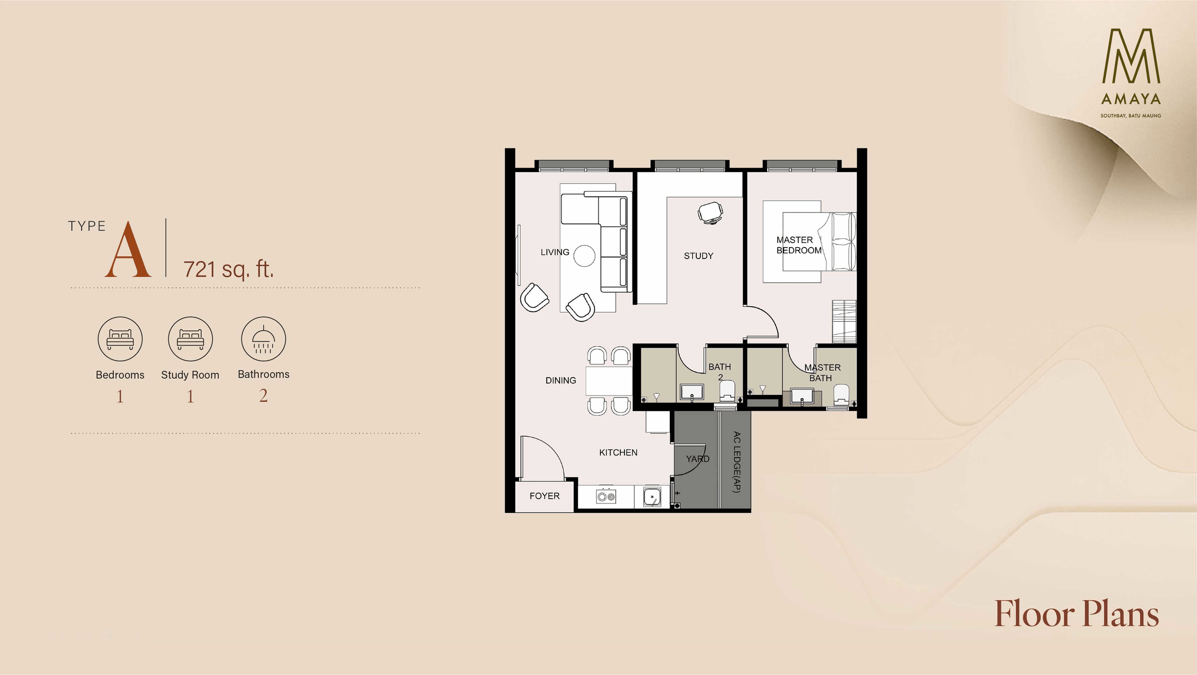 Type A layout, 721 square feet, one bedroom with an enclosed study and two bathrooms