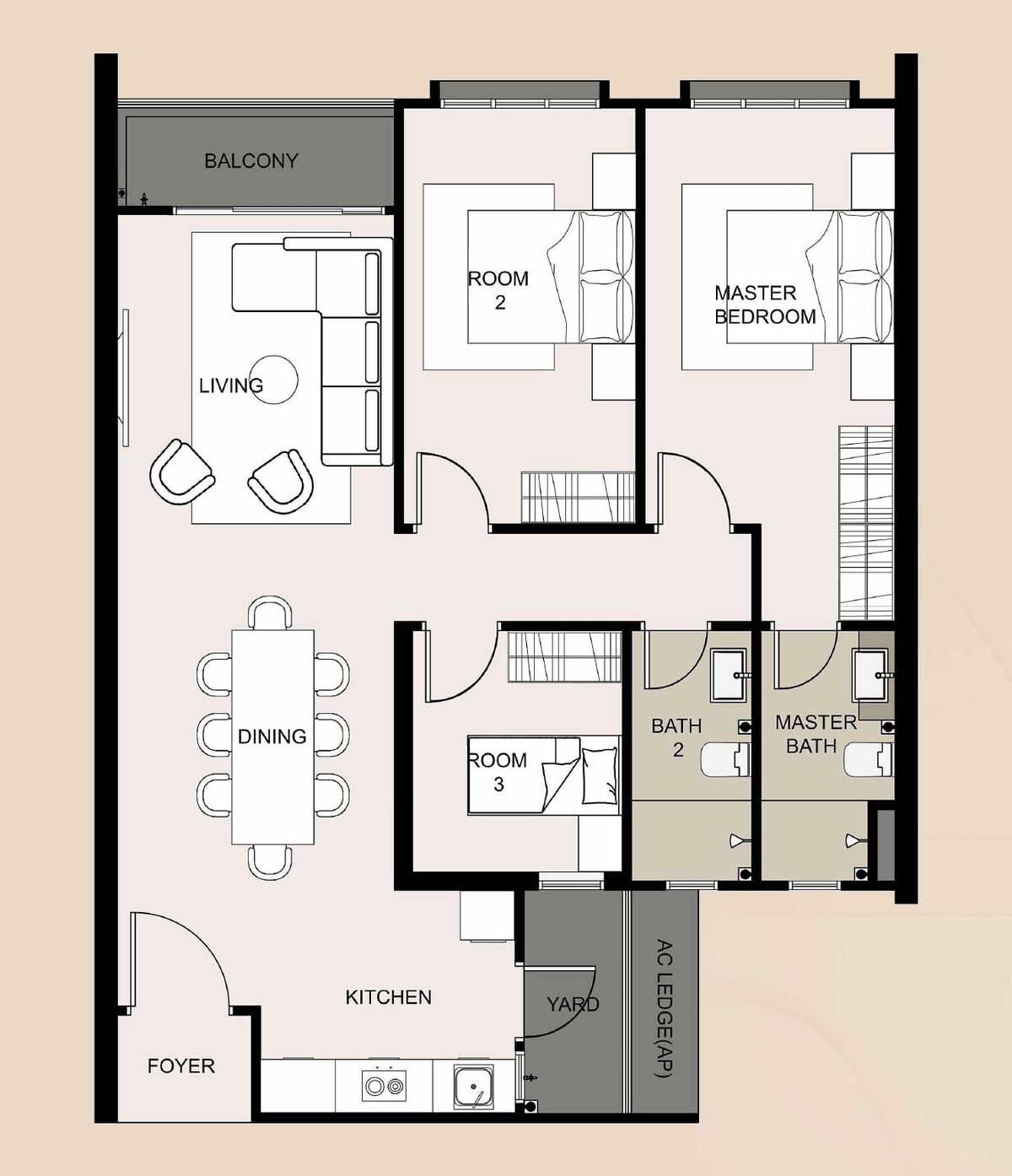 Type B layout, 990 square feet, three bedrooms, two bathrooms and a balcony