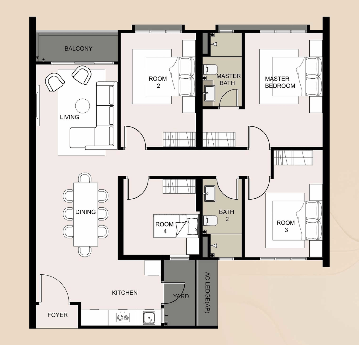 Type C layout, 1,211 square feet, four bedrooms, two bathrooms and a balcony