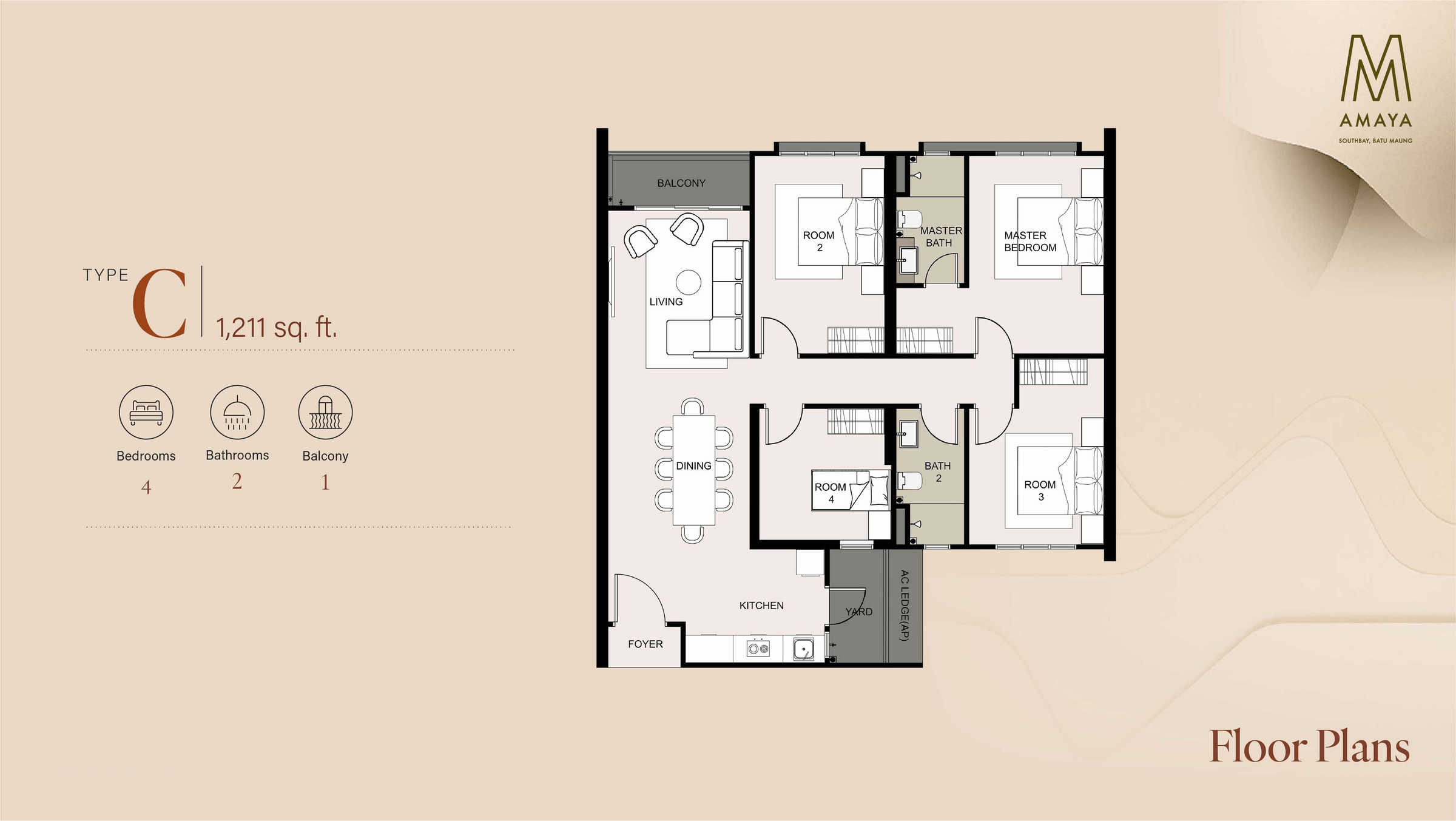 Type C layout, 1,211 square feet, four bedrooms, two bathrooms and a balcony