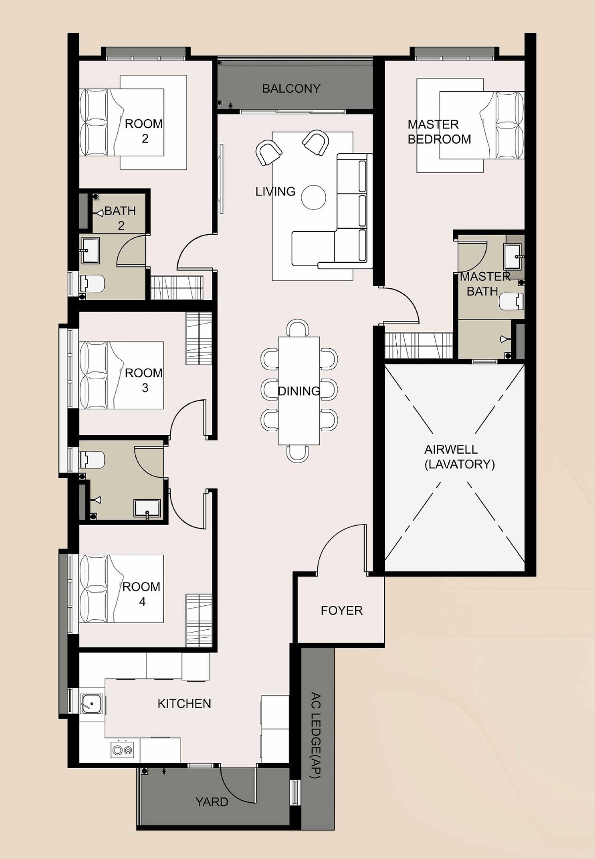 Type D layout, 1,432 square feet, four bedrooms, three bathrooms, a balcony and an airwell