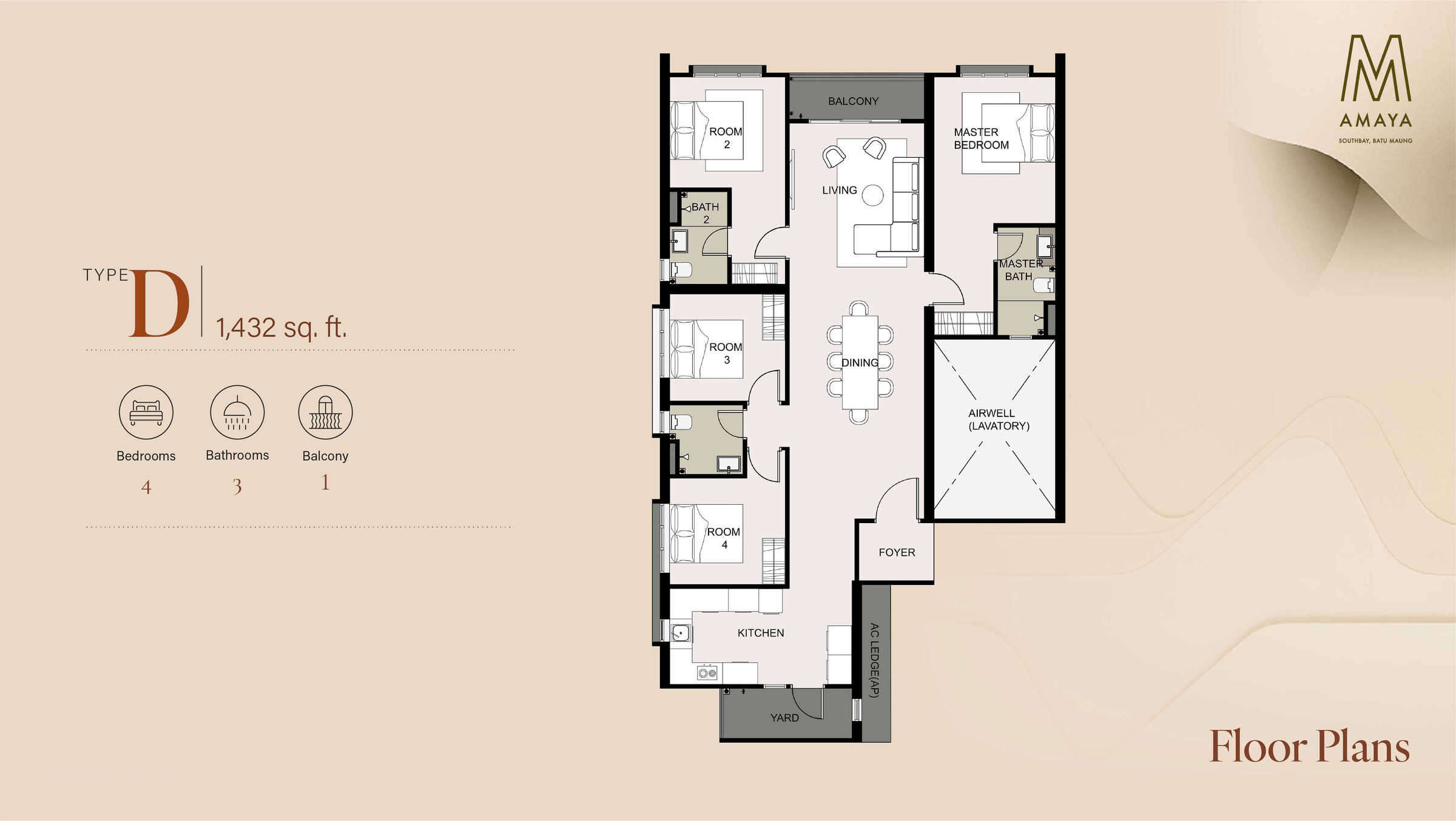 Type D layout, 1,432 square feet, four bedrooms, three bathrooms, a balcony and an airwell