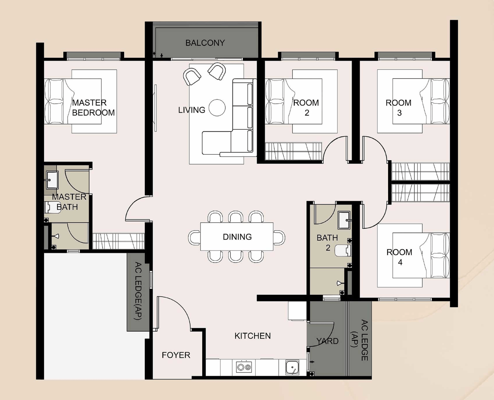 Type E layout, 1,335 square feet, four bedrooms, two bathrooms and a balcony