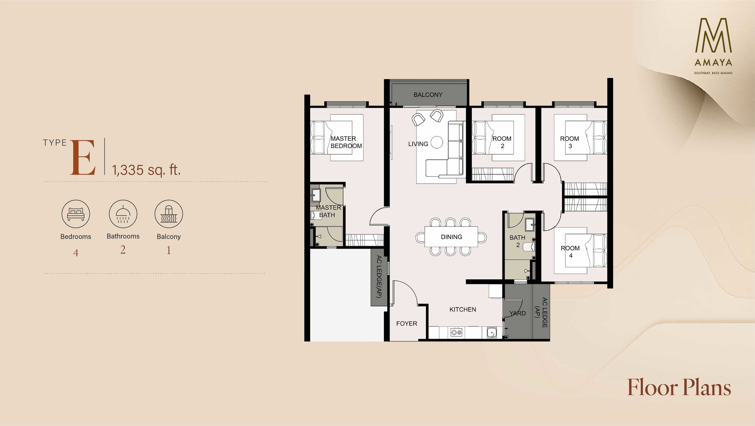 Type E layout, 1,335 square feet, four bedrooms, two bathrooms and a balcony